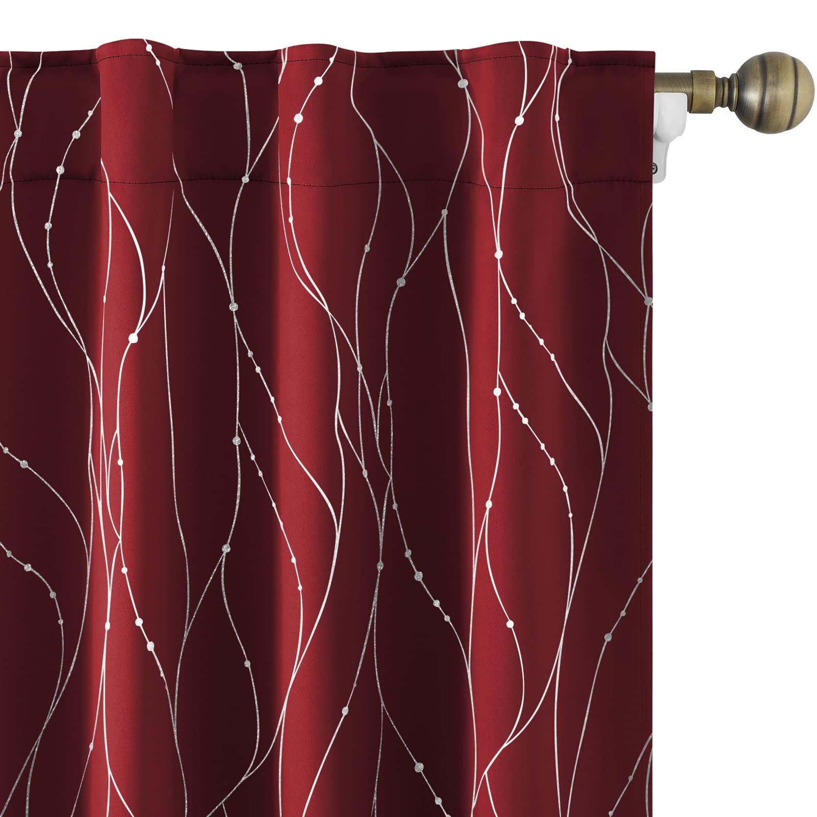 Homeideas Burgundy/Red Blackout Curtains 52 X 63 Inch Length 2 Panels Silver Wave Line With Dots Printed Back Tab Room Darkening